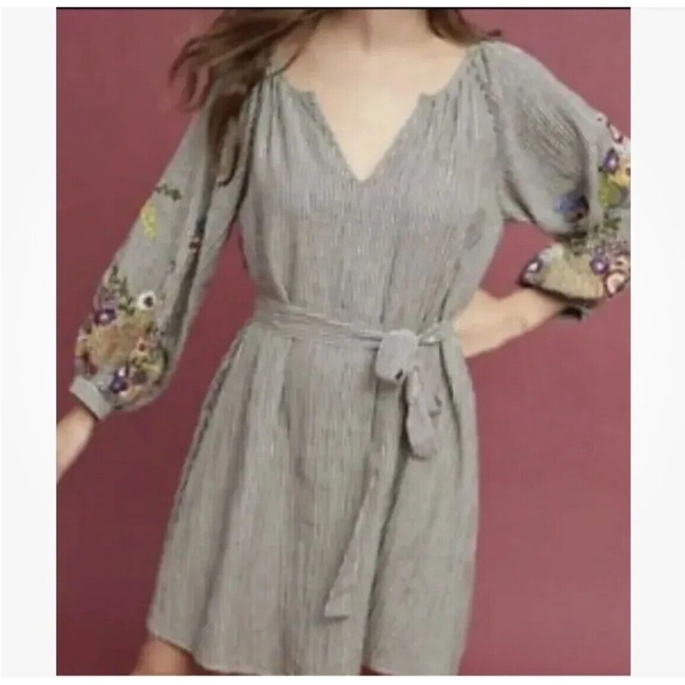 FEATHER AND BONE ANTHROPOLOGIE Striped Dress Floral Embroidery Sz Small Petite - Picture 10 of 10